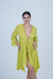 AXTZH Flowing Sarong-Inspired Beachwear Dress with Bell Sleeves and Tie-Up Waist X0629-MEADOW-SNGA2