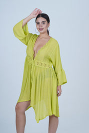 AXTZH Flowing Sarong-Inspired Beachwear Dress with Bell Sleeves and Tie-Up Waist X0629-MEADOW-SNGA2