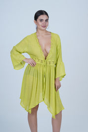 AXTZH Flowing Sarong-Inspired Beachwear Dress with Bell Sleeves and Tie-Up Waist X0629-MEADOW-SNGA2