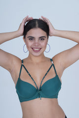 AXTZH Strappy Plunge Bra with Underwire Support and Statement Front Detailing AB2802-PINE-DP201