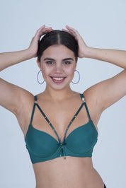 AXTZH Strappy Plunge Bra with Underwire Support and Statement Front Detailing AB2802-PINE-DP201