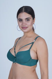 AXTZH Strappy Plunge Bra with Underwire Support and Statement Front Detailing AB2802-PINE-DP201