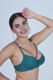 AXTZH Strappy Plunge Bra with Underwire Support and Statement Front Detailing AB2802-PINE-DP201