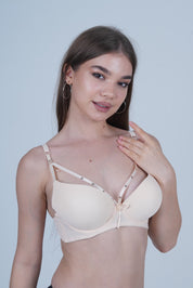 AXTZH Strappy Plunge Bra with Underwire Support and Statement Front Detailing AB2802-PSKIN-DP201