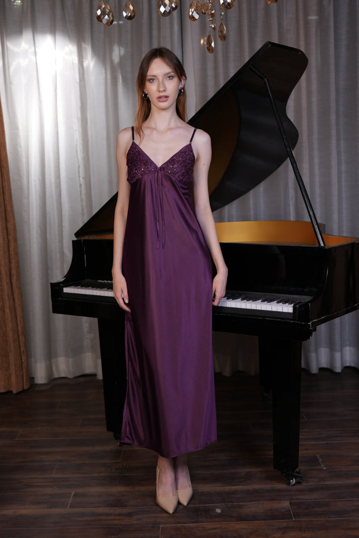 ANGELS Satin Lace Long Nightwear Set FASHION NW AG1814-DPURPLE-F22L