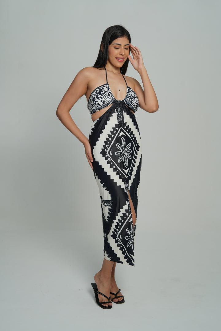 AXTZH 3-Piece Printed Bikini Set with Skirt SWIM WEAR X0357-BLKPR-2PB