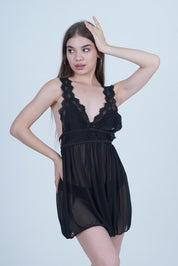 AXTZH Romantic 1-Piece Sexy Nightwear with Deep Neckline and Sheer Flowing Design for Women X9019-BLACK-SF1N