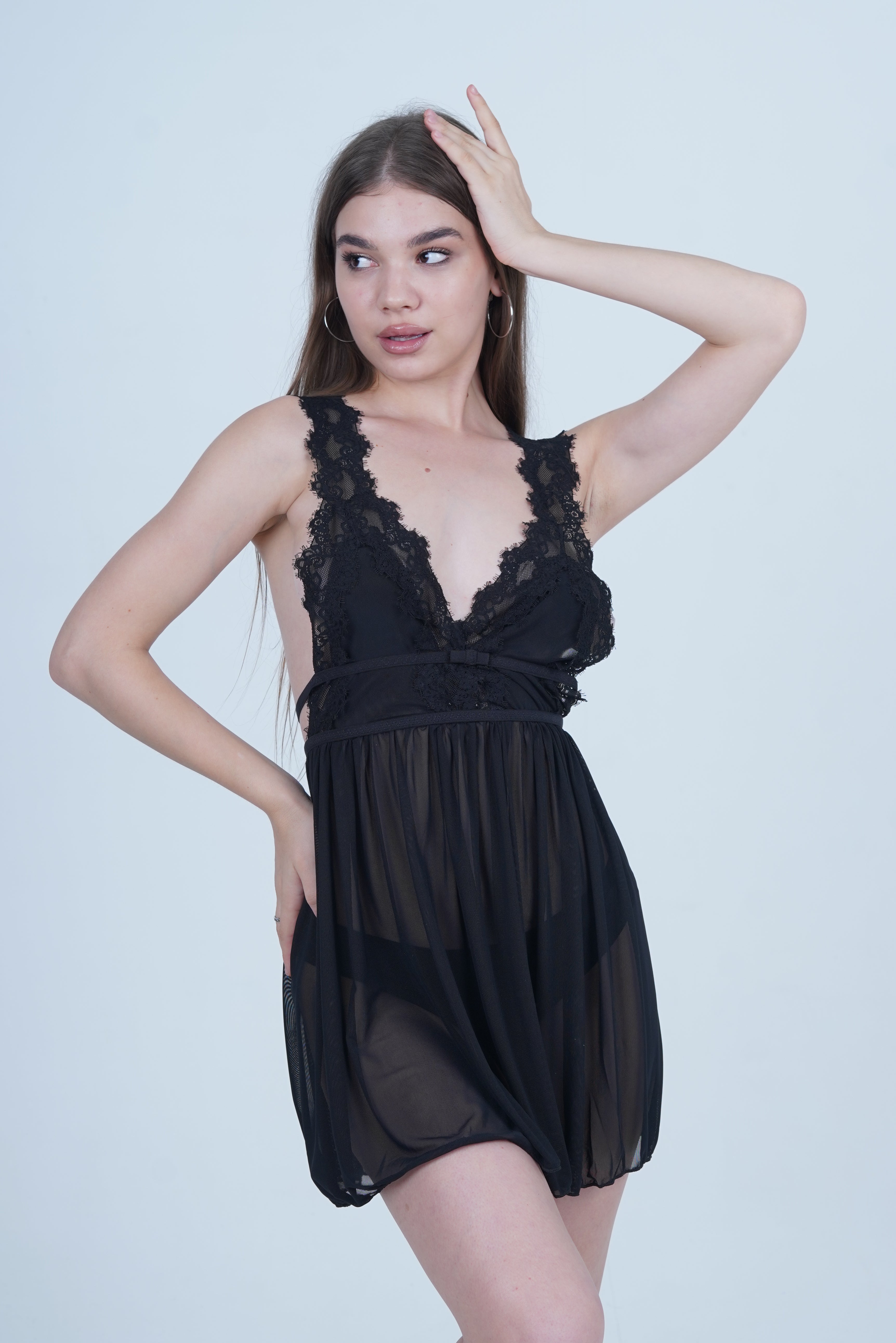 AXTZH Romantic 1-Piece Sexy Nightwear with Deep Neckline and Sheer Flowing Design for Women X9019-BLACK-SF1N