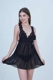AXTZH Romantic 1-Piece Sexy Nightwear with Deep Neckline and Sheer Flowing Design for Women X9019-BLACK-SF1N