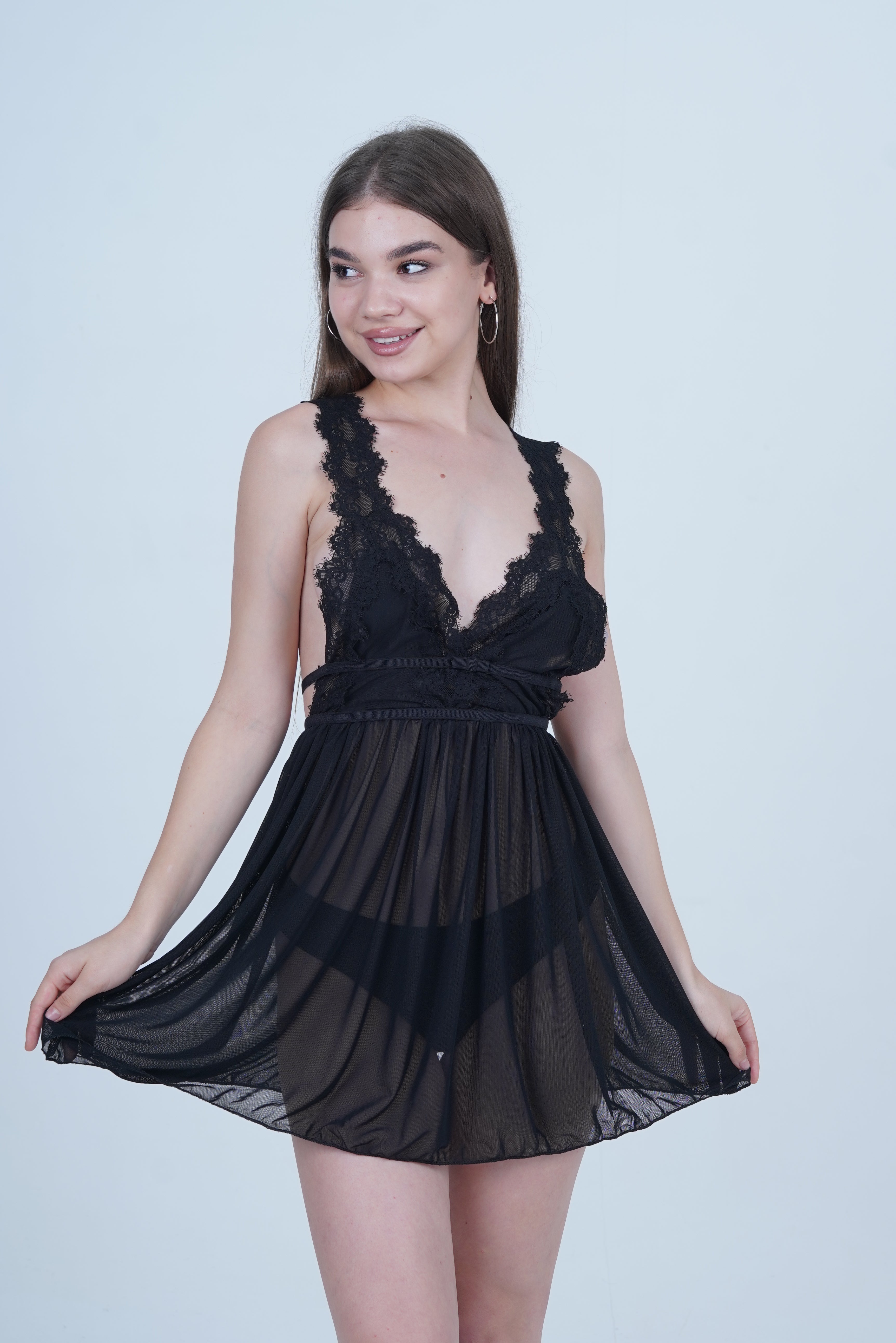 AXTZH Romantic 1-Piece Sexy Nightwear with Deep Neckline and Sheer Flowing Design for Women X9019-BLACK-SF1N