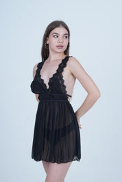 AXTZH Romantic 1-Piece Sexy Nightwear with Deep Neckline and Sheer Flowing Design for Women X9019-BLACK-SF1N