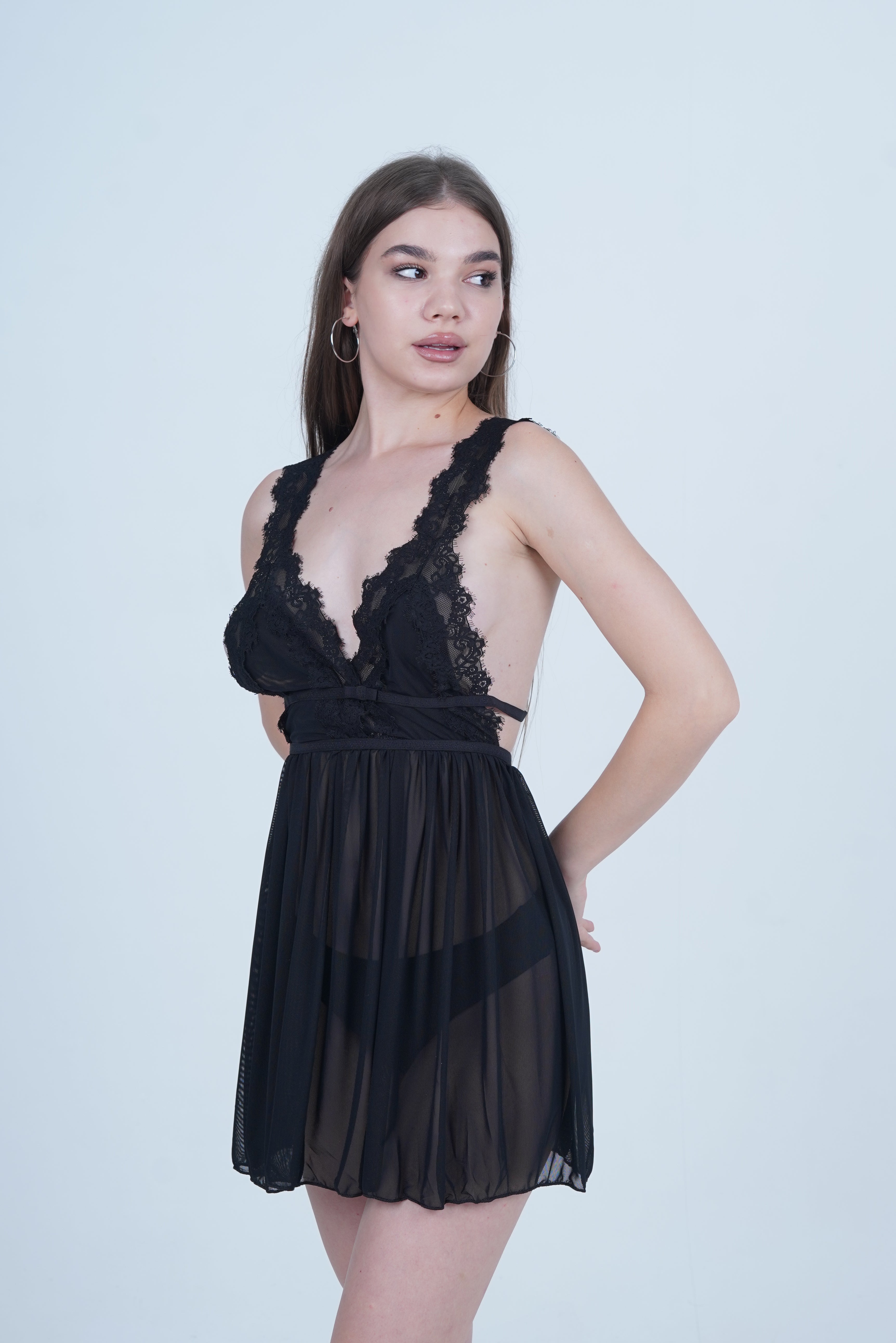 AXTZH Romantic 1-Piece Sexy Nightwear with Deep Neckline and Sheer Flowing Design for Women X9019-BLACK-SF1N