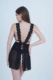 AXTZH Romantic 1-Piece Sexy Nightwear with Deep Neckline and Sheer Flowing Design for Women X9019-BLACK-SF1N