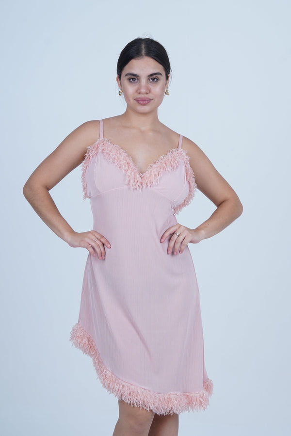 AXTZH One-Piece Sexy Nightwear for Women with Deep Neckline and Delicate Fringe Detailing X2429-BLUSH-F1L