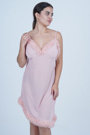 AXTZH One-Piece Sexy Nightwear for Women with Deep Neckline and Delicate Fringe Detailing X2429-BLUSH-F1L