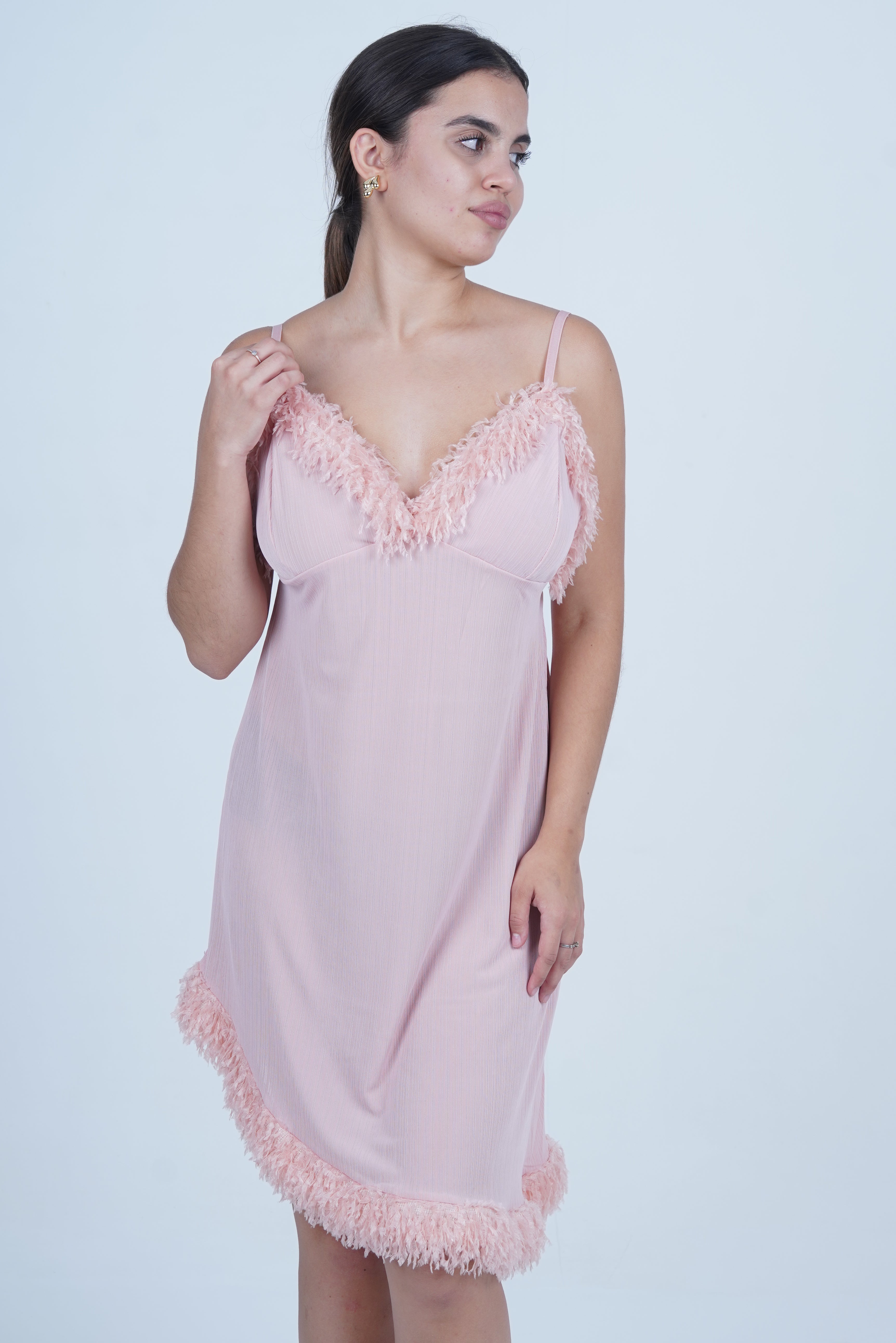 AXTZH One-Piece Sexy Nightwear for Women with Deep Neckline and Delicate Fringe Detailing X2429-BLUSH-F1L