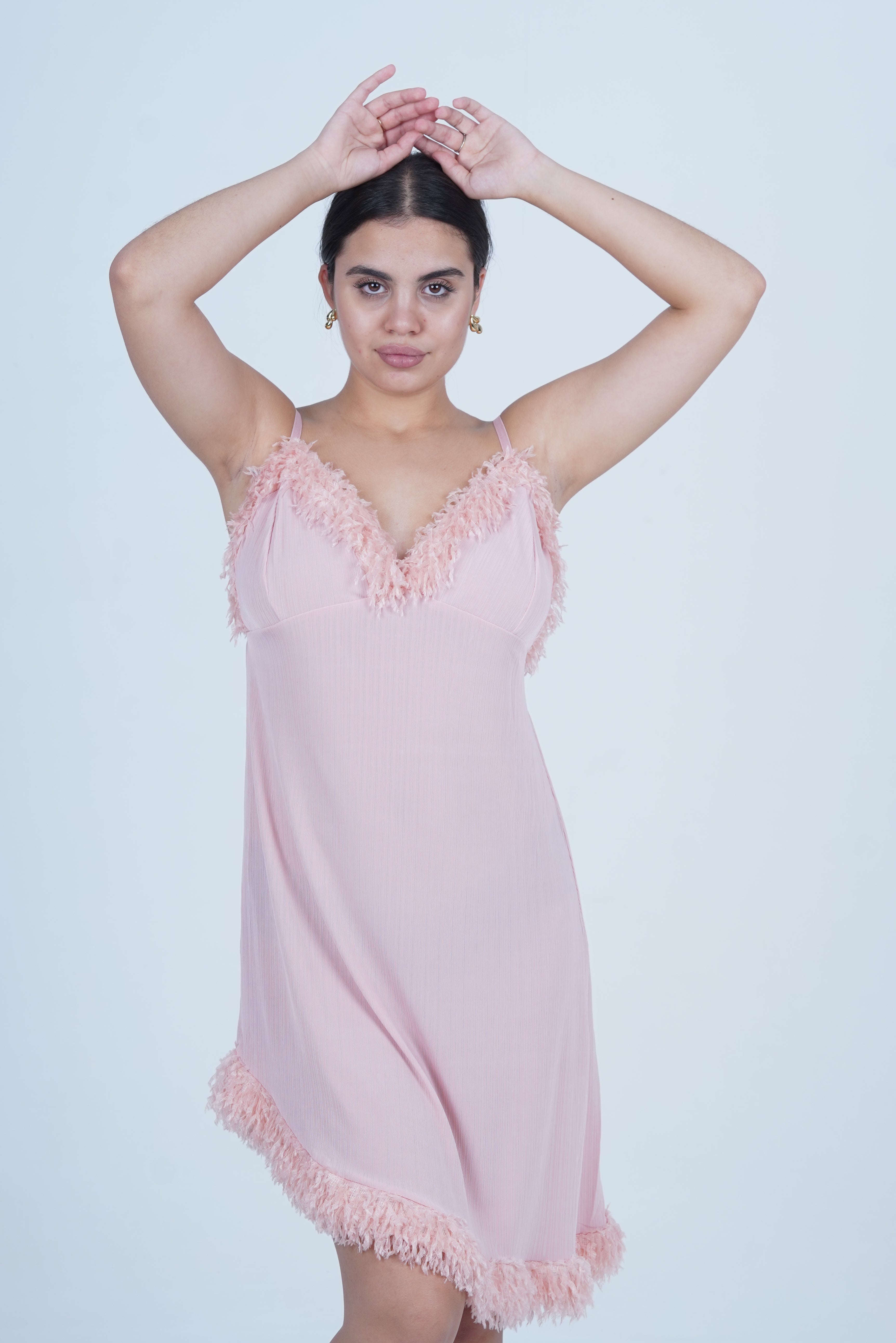 AXTZH One-Piece Sexy Nightwear for Women with Deep Neckline and Delicate Fringe Detailing X2429-BLUSH-F1L
