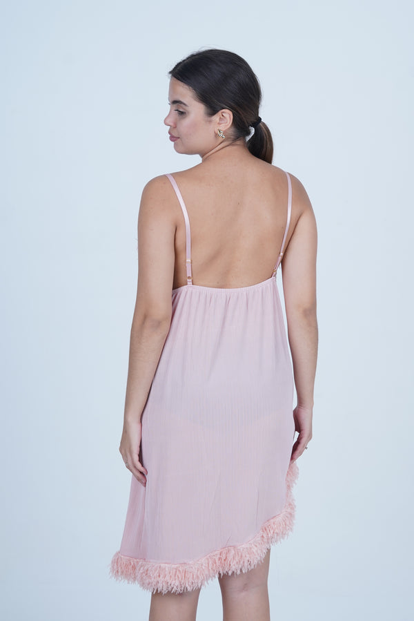 AXTZH One-Piece Sexy Nightwear for Women with Deep Neckline and Delicate Fringe Detailing X2429-BLUSH-F1L