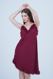 AXTZH One-Piece Sexy Nightwear for Women with Deep Neckline and Delicate Fringe Detailing X2429-MERLOT-F1L