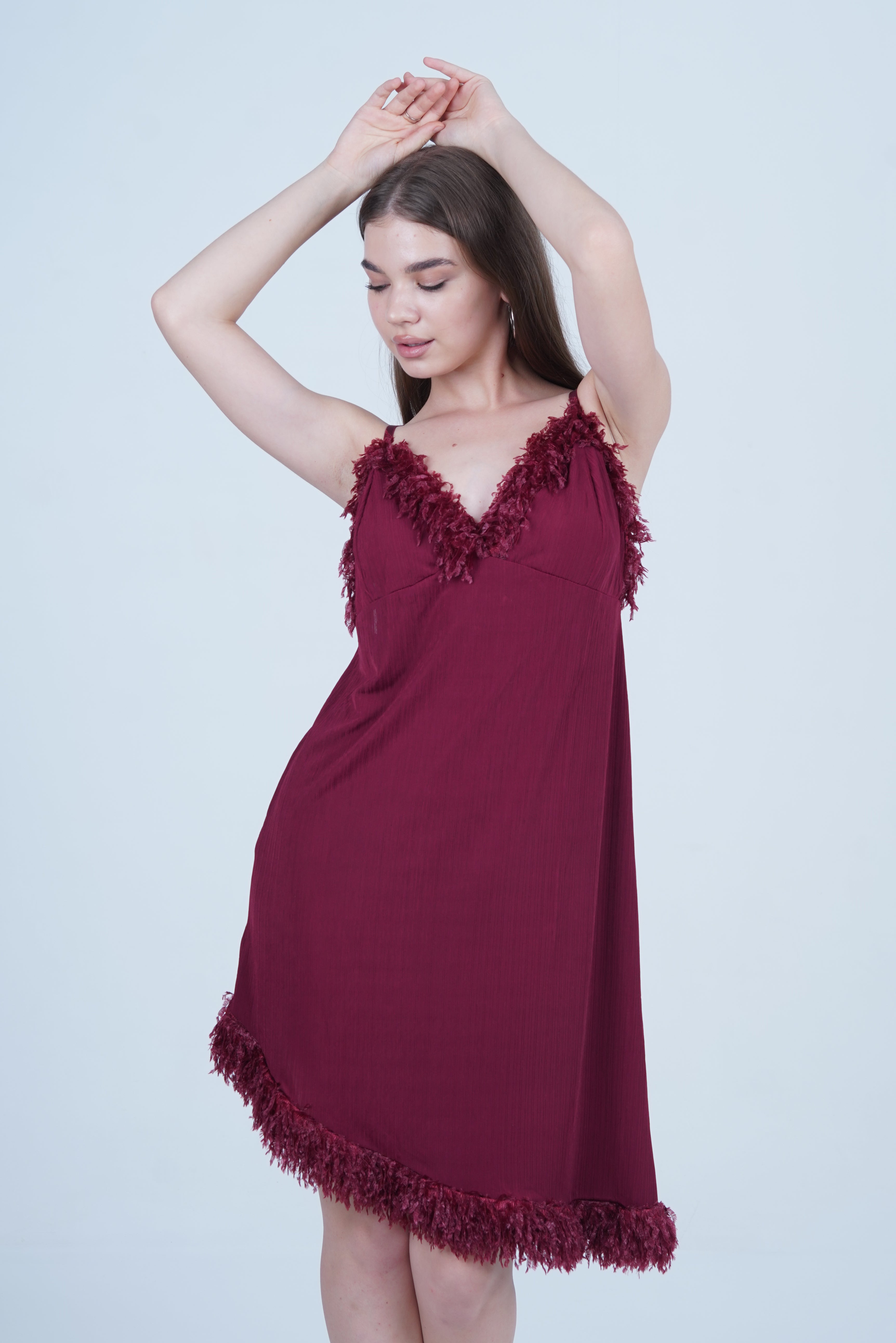 AXTZH One-Piece Sexy Nightwear for Women with Deep Neckline and Delicate Fringe Detailing X2429-MERLOT-F1L