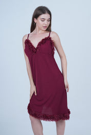 AXTZH One-Piece Sexy Nightwear for Women with Deep Neckline and Delicate Fringe Detailing X2429-MERLOT-F1L