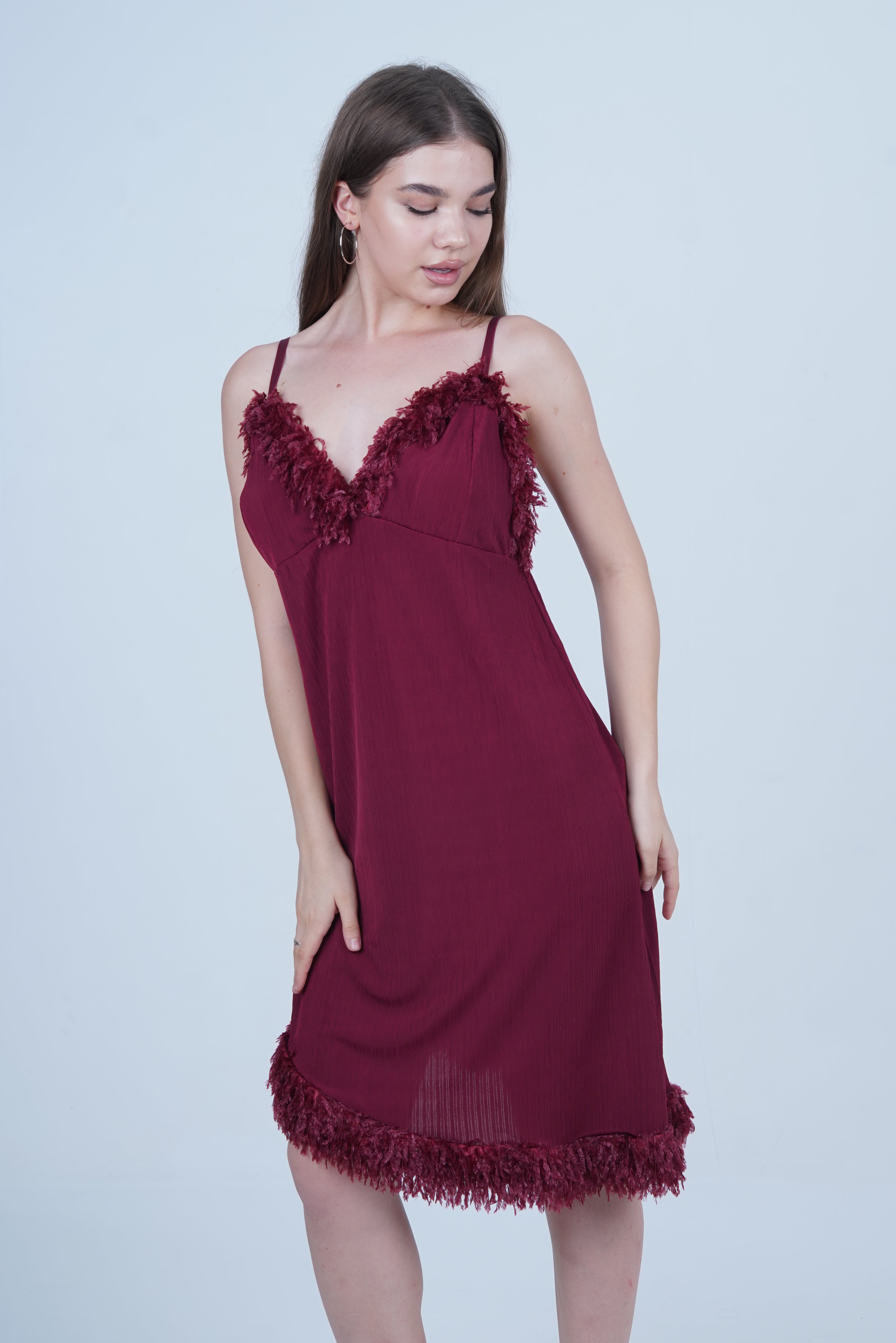 AXTZH One-Piece Sexy Nightwear for Women with Deep Neckline and Delicate Fringe Detailing X2429-MERLOT-F1L