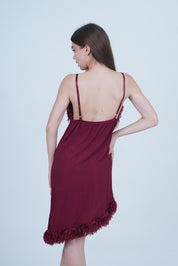 AXTZH One-Piece Sexy Nightwear for Women with Deep Neckline and Delicate Fringe Detailing X2429-MERLOT-F1L
