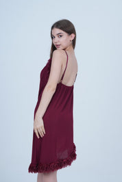 AXTZH One-Piece Sexy Nightwear for Women with Deep Neckline and Delicate Fringe Detailing X2429-MERLOT-F1L