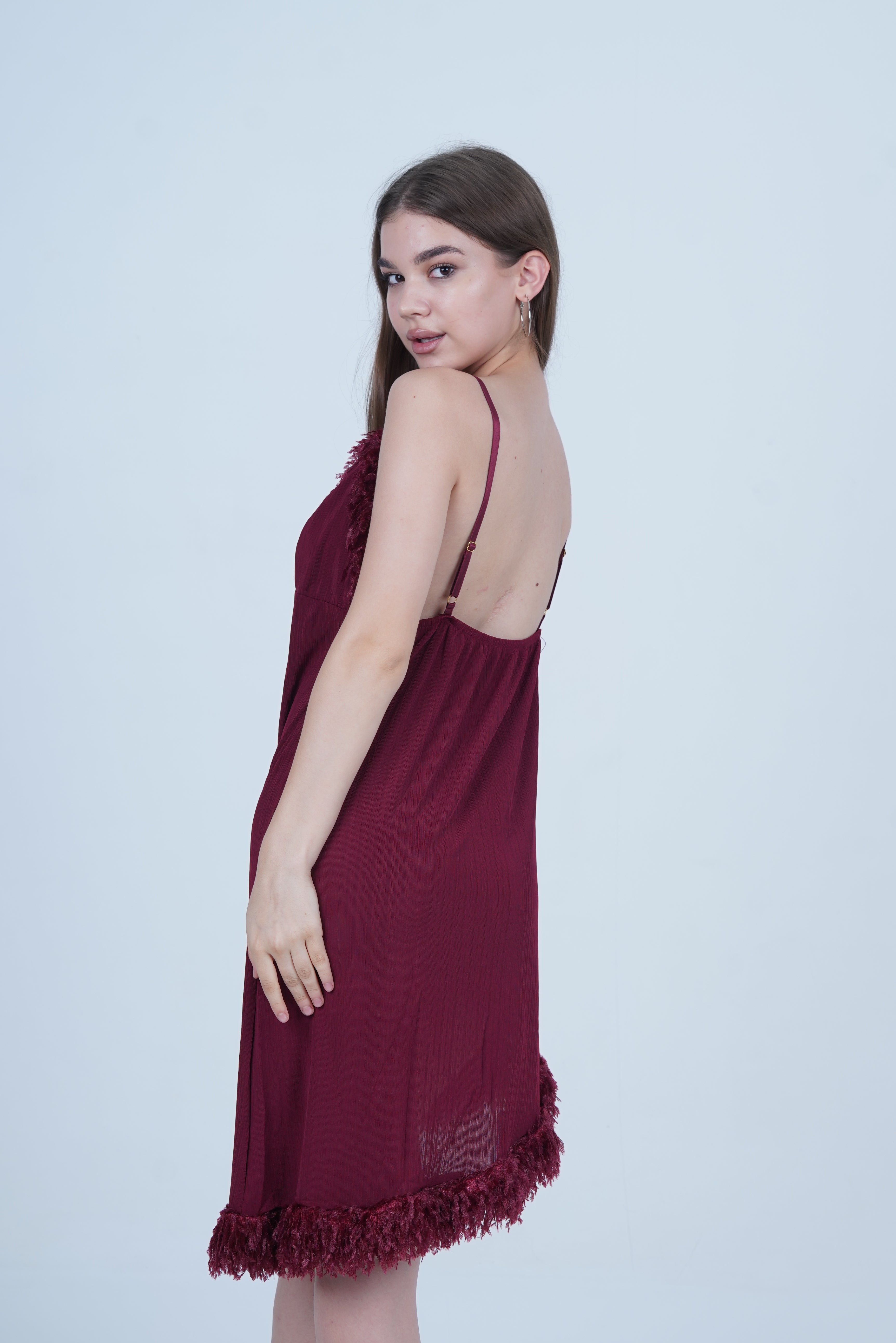 AXTZH One-Piece Sexy Nightwear for Women with Deep Neckline and Delicate Fringe Detailing X2429-MERLOT-F1L