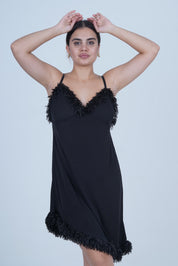 AXTZH One-Piece Sexy Nightwear for Women with Deep Neckline and Delicate Fringe Detailing X2429-BLACK-F1L