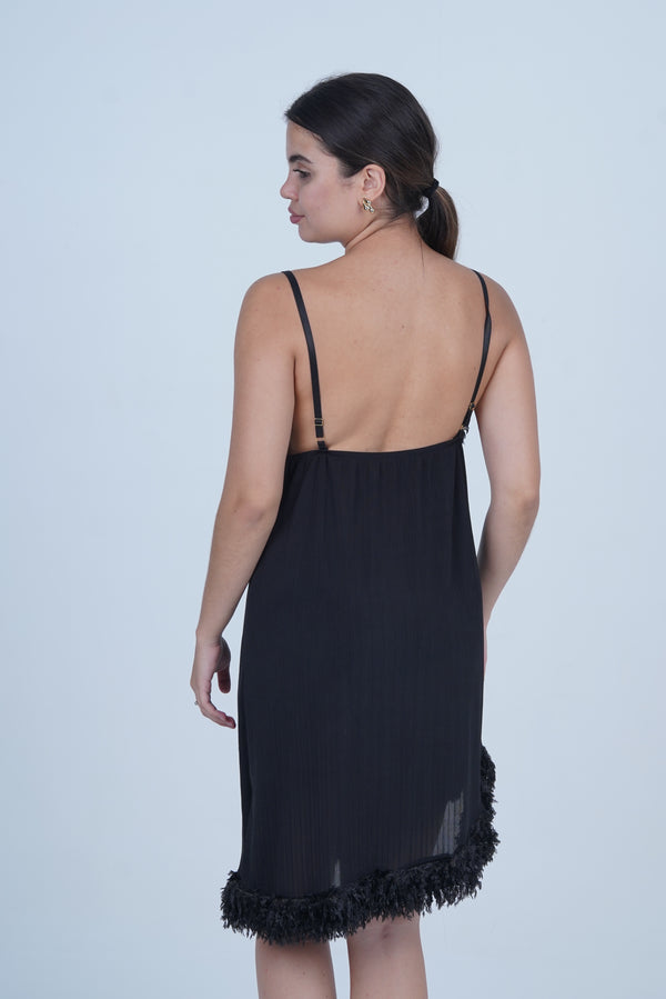 AXTZH One-Piece Sexy Nightwear for Women with Deep Neckline and Delicate Fringe Detailing X2429-BLACK-F1L