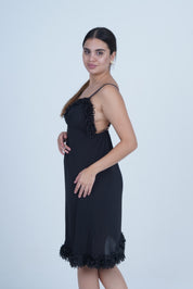 AXTZH One-Piece Sexy Nightwear for Women with Deep Neckline and Delicate Fringe Detailing X2429-BLACK-F1L