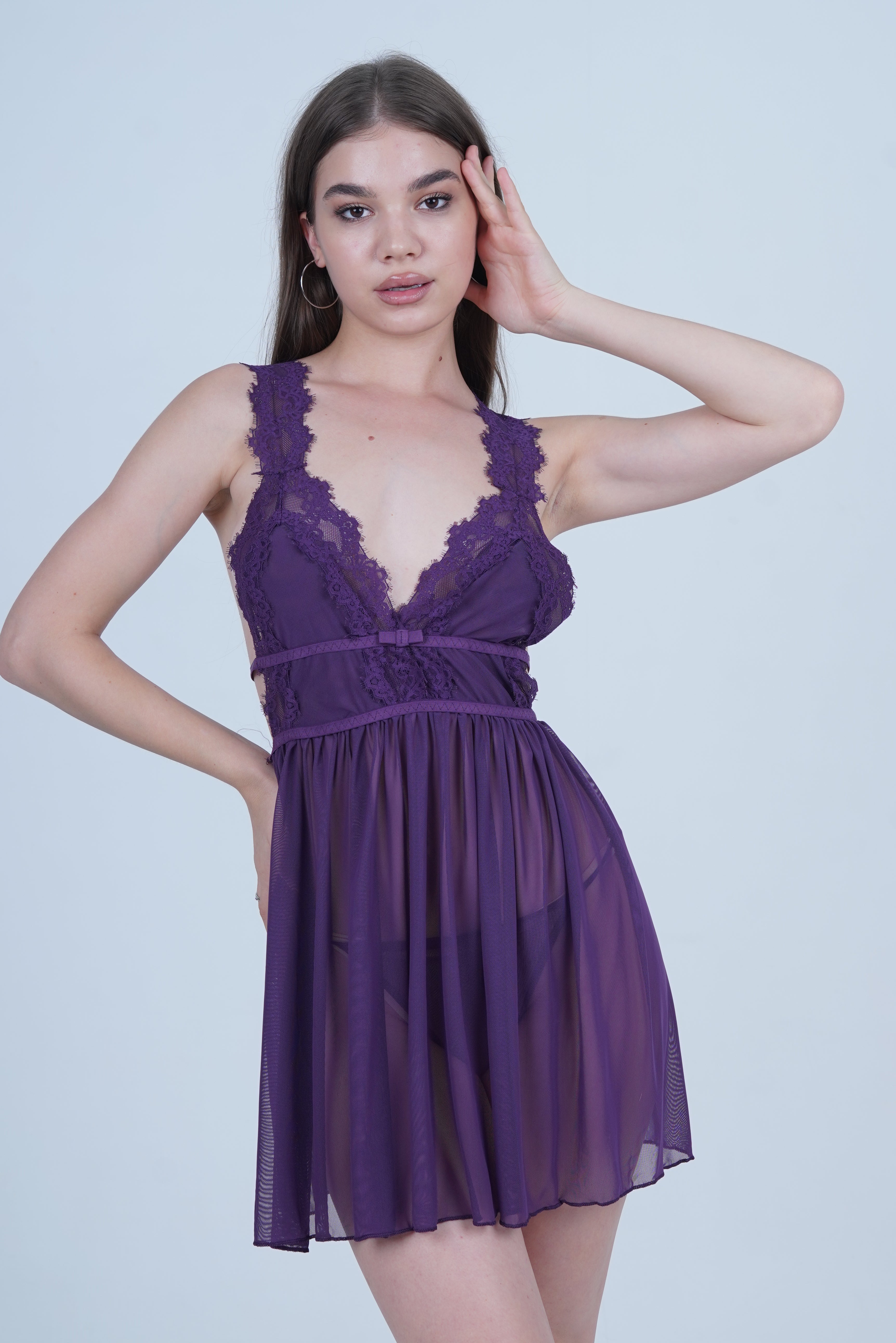 AXTZH Romantic 1-Piece Sexy Nightwear with Deep Neckline and Sheer Flowing Design for Women X9019-MULBERRY-SF1N