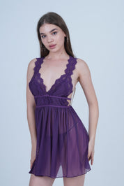 AXTZH Romantic 1-Piece Sexy Nightwear with Deep Neckline and Sheer Flowing Design for Women X9019-MULBERRY-SF1N