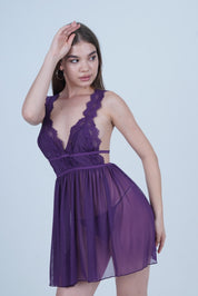 AXTZH Romantic 1-Piece Sexy Nightwear with Deep Neckline and Sheer Flowing Design for Women X9019-MULBERRY-SF1N