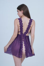 AXTZH Romantic 1-Piece Sexy Nightwear with Deep Neckline and Sheer Flowing Design for Women X9019-MULBERRY-SF1N