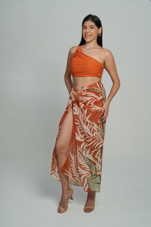 AXTZH 3-Piece One-Shoulder Swimwear Set with Sarong SWIM WEAR X1009-RUST-3PB