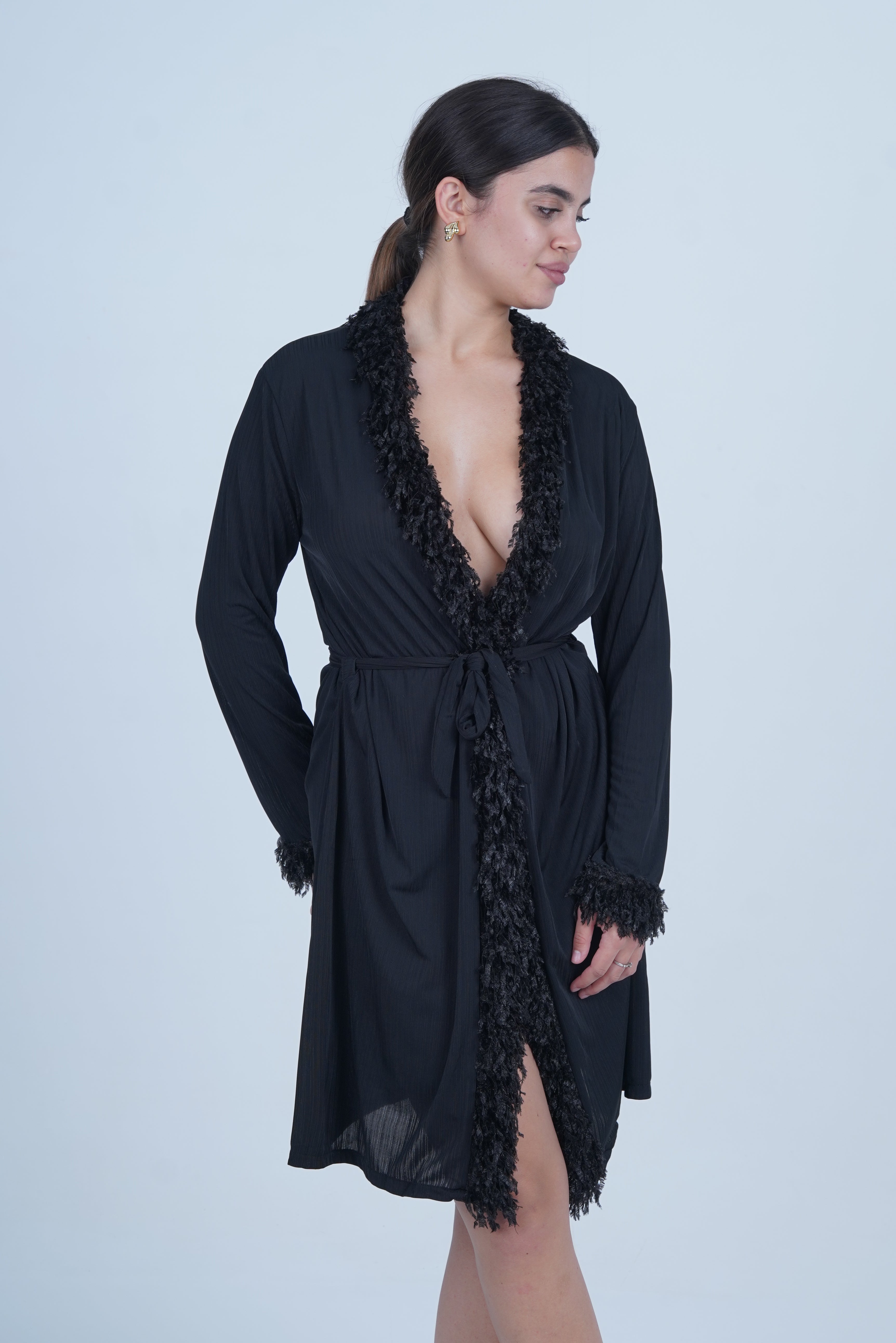 AXTZH Luxurious 1-Piece Sexy Nightwear with Soft Fabric and Feathered Trims for Women X8806-BLACK-H1L