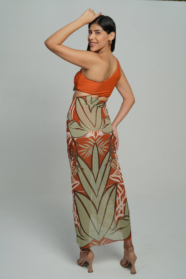 AXTZH 3-Piece One-Shoulder Swimwear Set with Sarong SWIM WEAR X1009-RUST-3PB