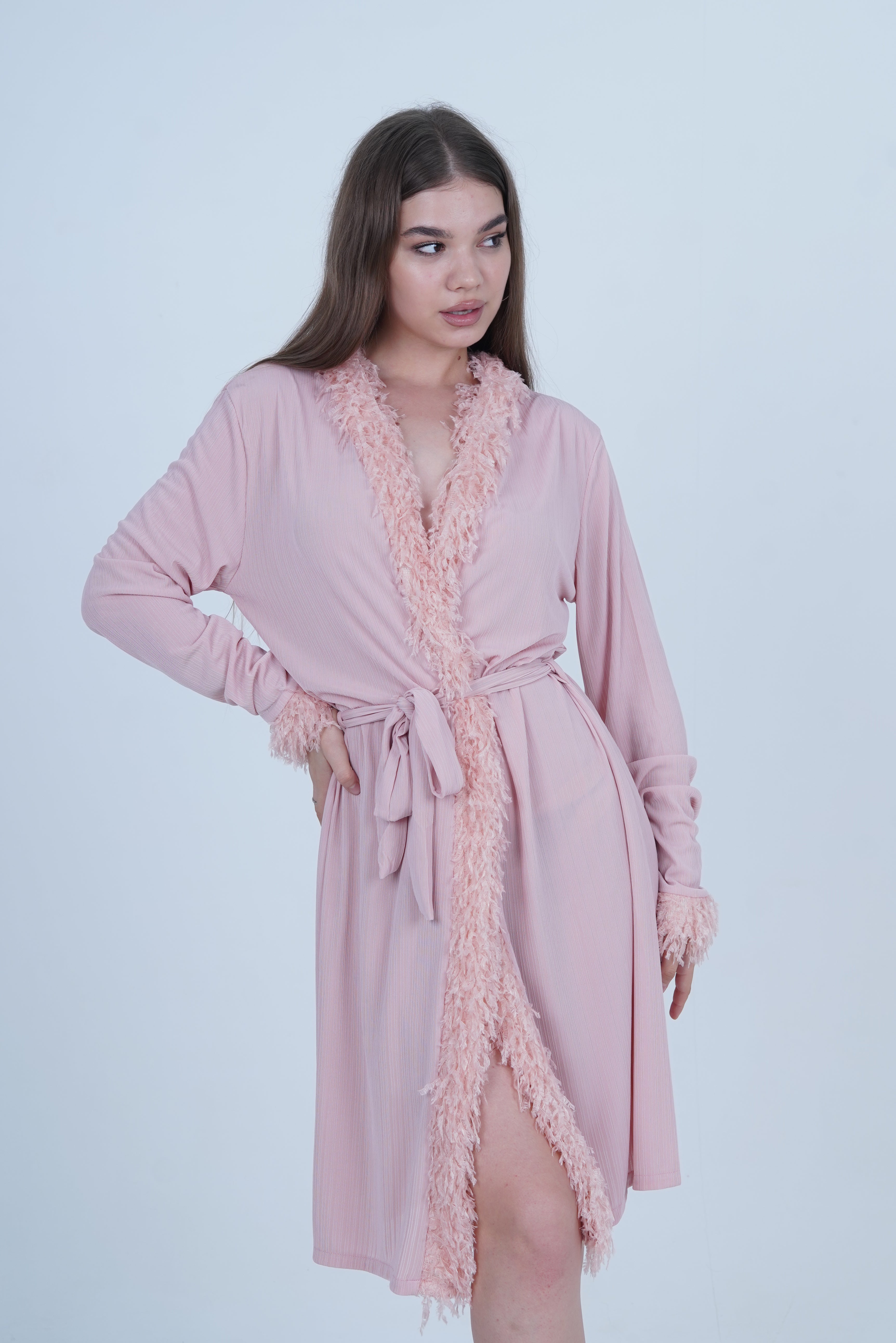 AXTZH Luxurious 1-Piece Sexy Nightwear with Soft Fabric and Feathered Trims for Women X8806-BLUSH-H1L