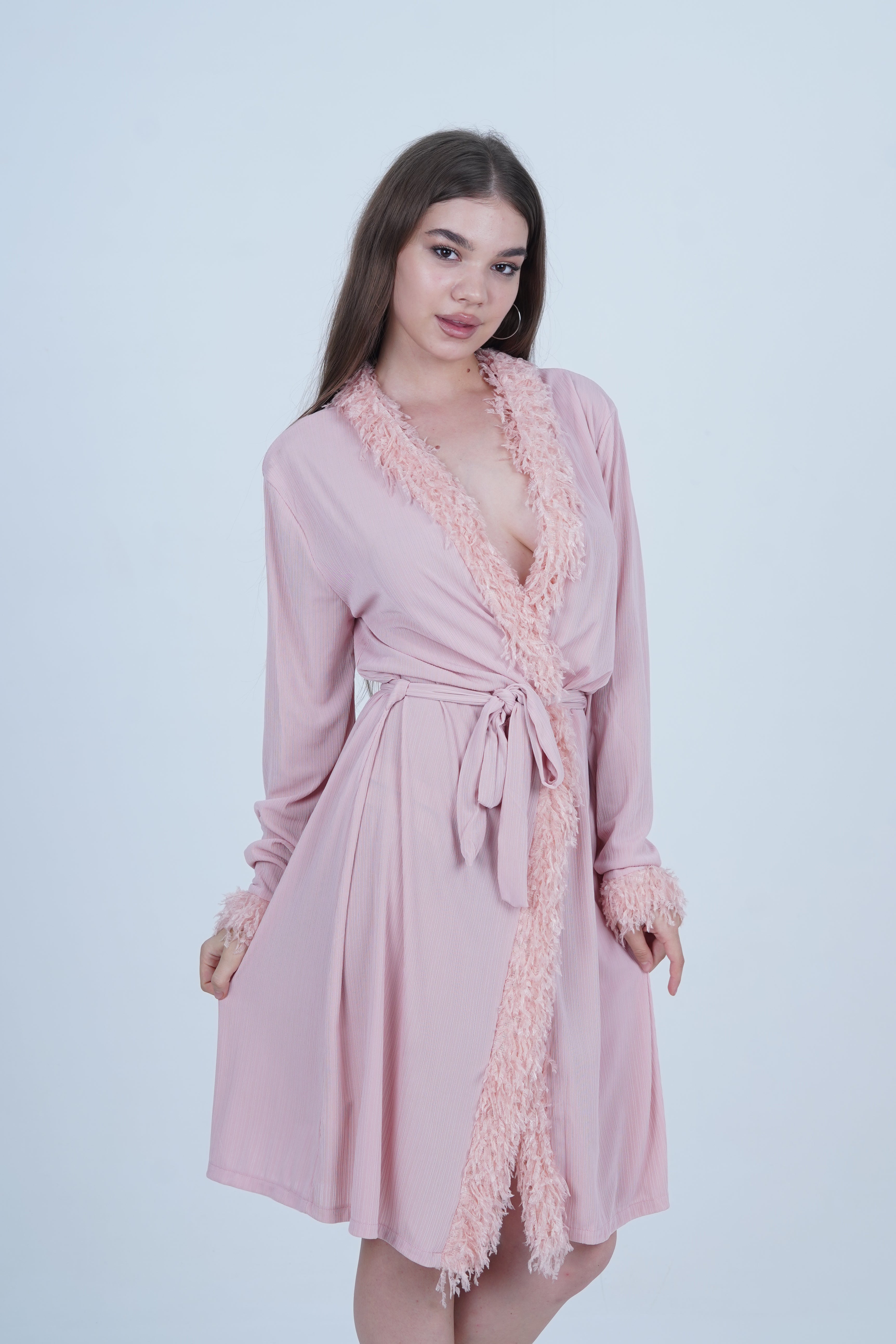 AXTZH Luxurious 1-Piece Sexy Nightwear with Soft Fabric and Feathered Trims for Women X8806-BLUSH-H1L