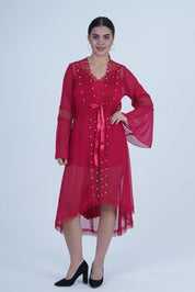 AXTZH Women’s Luxury Nightwear with Lace Trim, Satin Tie, and Semi-Sheer Flowing Design X0003-CRIMSON-F12M