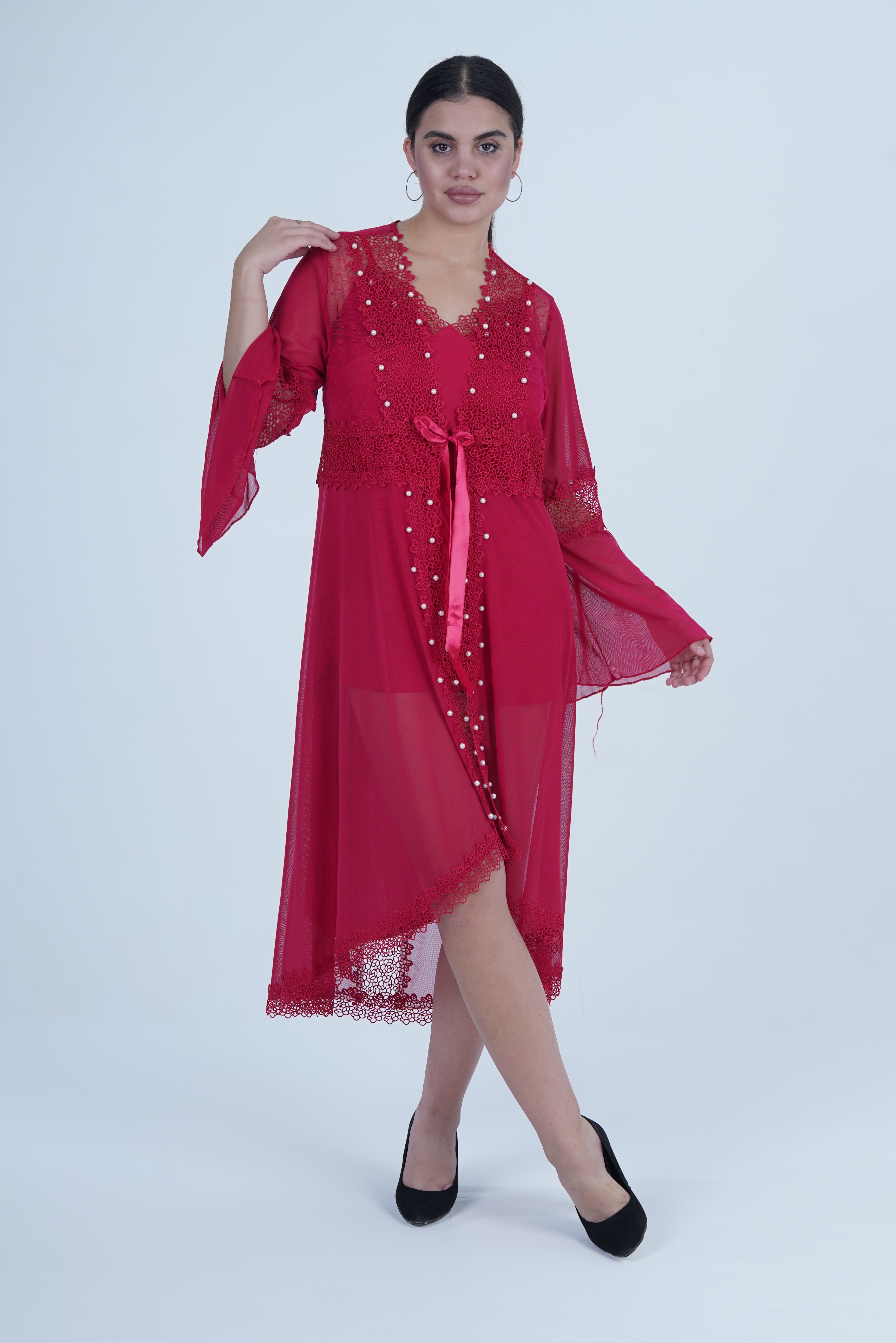 AXTZH Women’s Luxury Nightwear with Lace Trim, Satin Tie, and Semi-Sheer Flowing Design X0003-CRIMSON-F12M