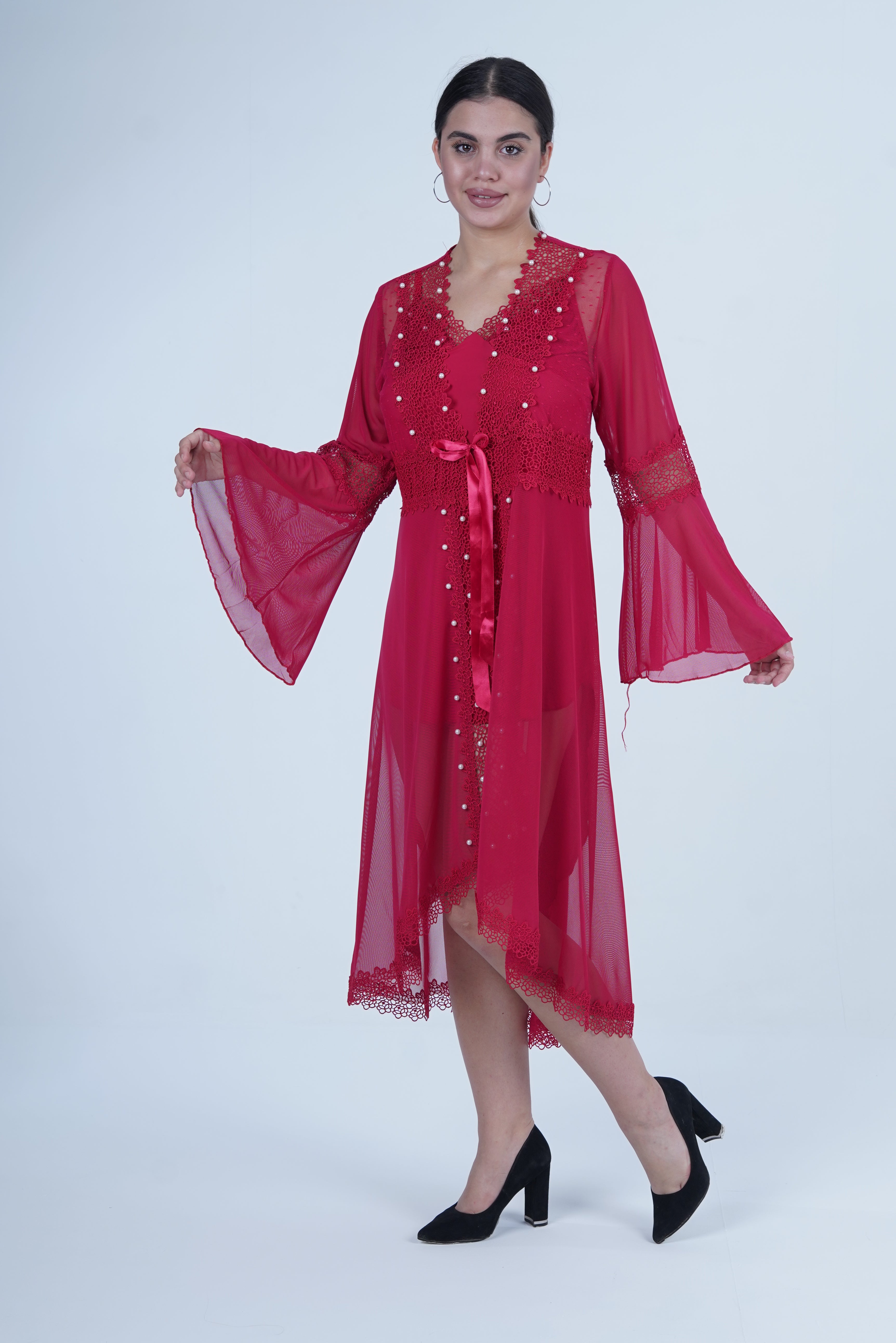 AXTZH Women’s Luxury Nightwear with Lace Trim, Satin Tie, and Semi-Sheer Flowing Design X0003-CRIMSON-F12M