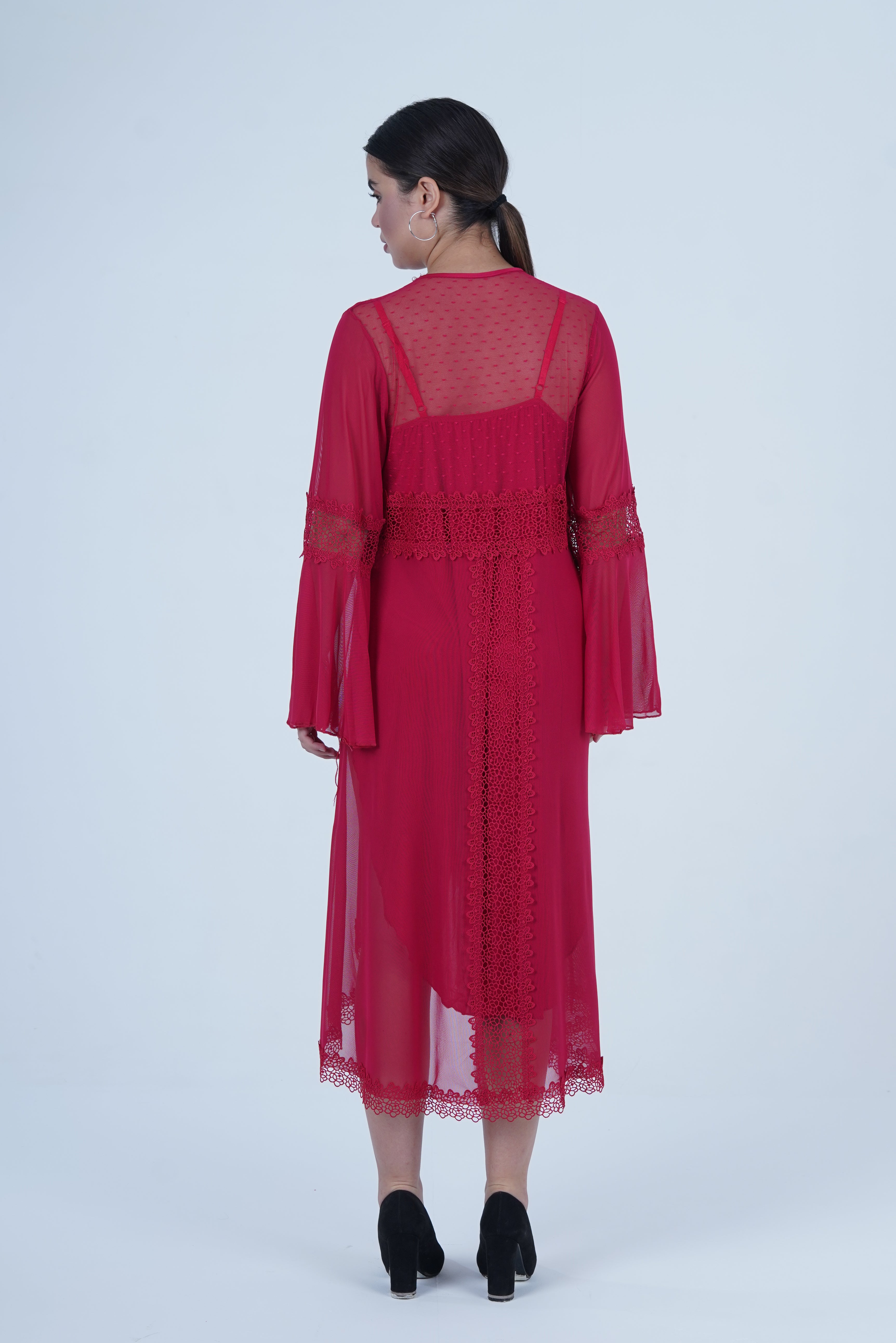 AXTZH Women’s Luxury Nightwear with Lace Trim, Satin Tie, and Semi-Sheer Flowing Design X0003-CRIMSON-F12M