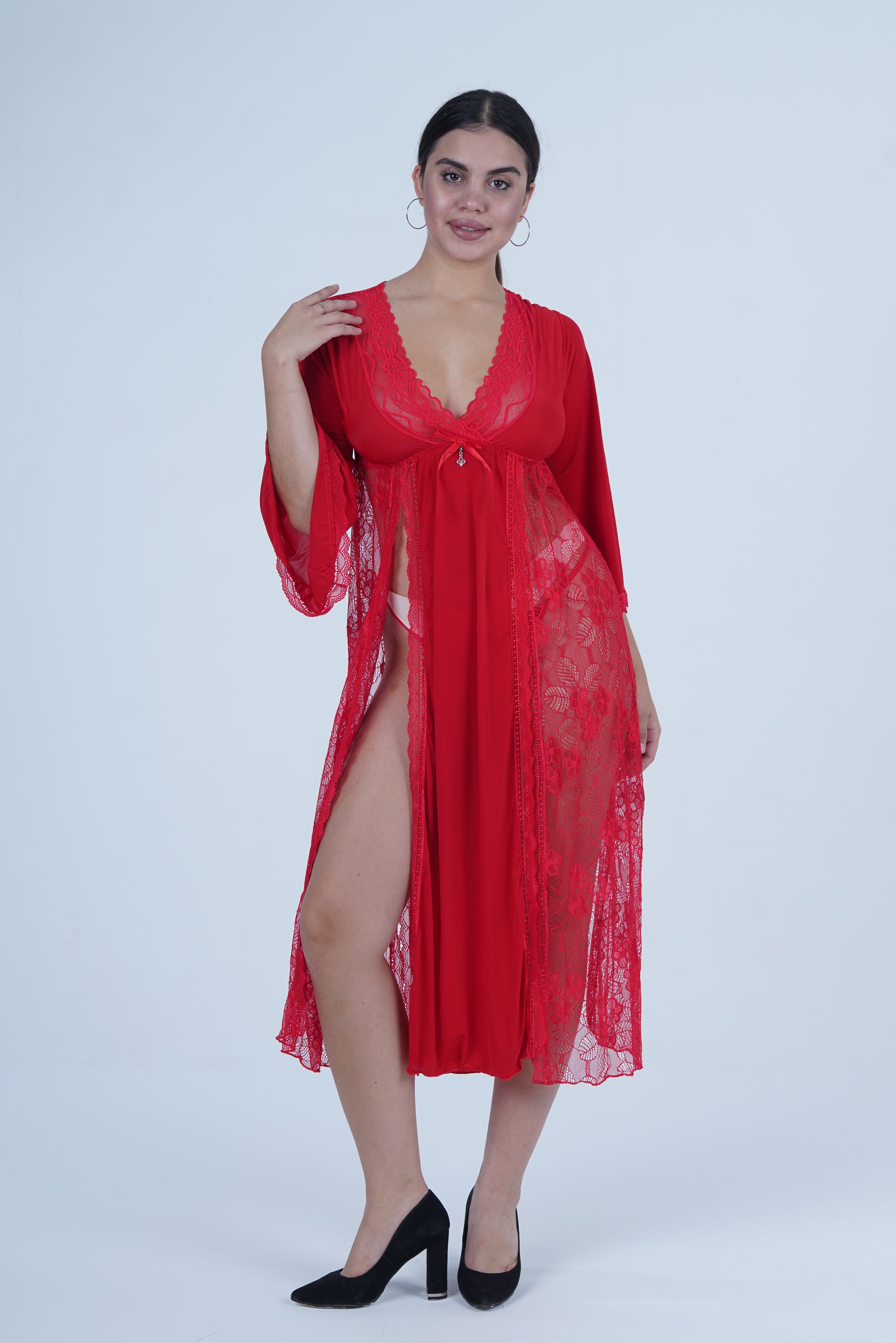 AXTZH Romantic Nightwear Set for Women with Sheer Longline Robe and Lace Accents X3493-RED-F2M