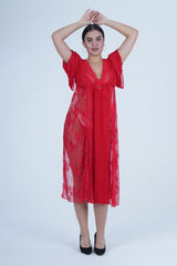 AXTZH Romantic Nightwear Set for Women with Sheer Longline Robe and Lace Accents X3493-RED-F2M