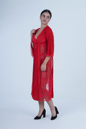 AXTZH Romantic Nightwear Set for Women with Sheer Longline Robe and Lace Accents X3493-RED-F2M