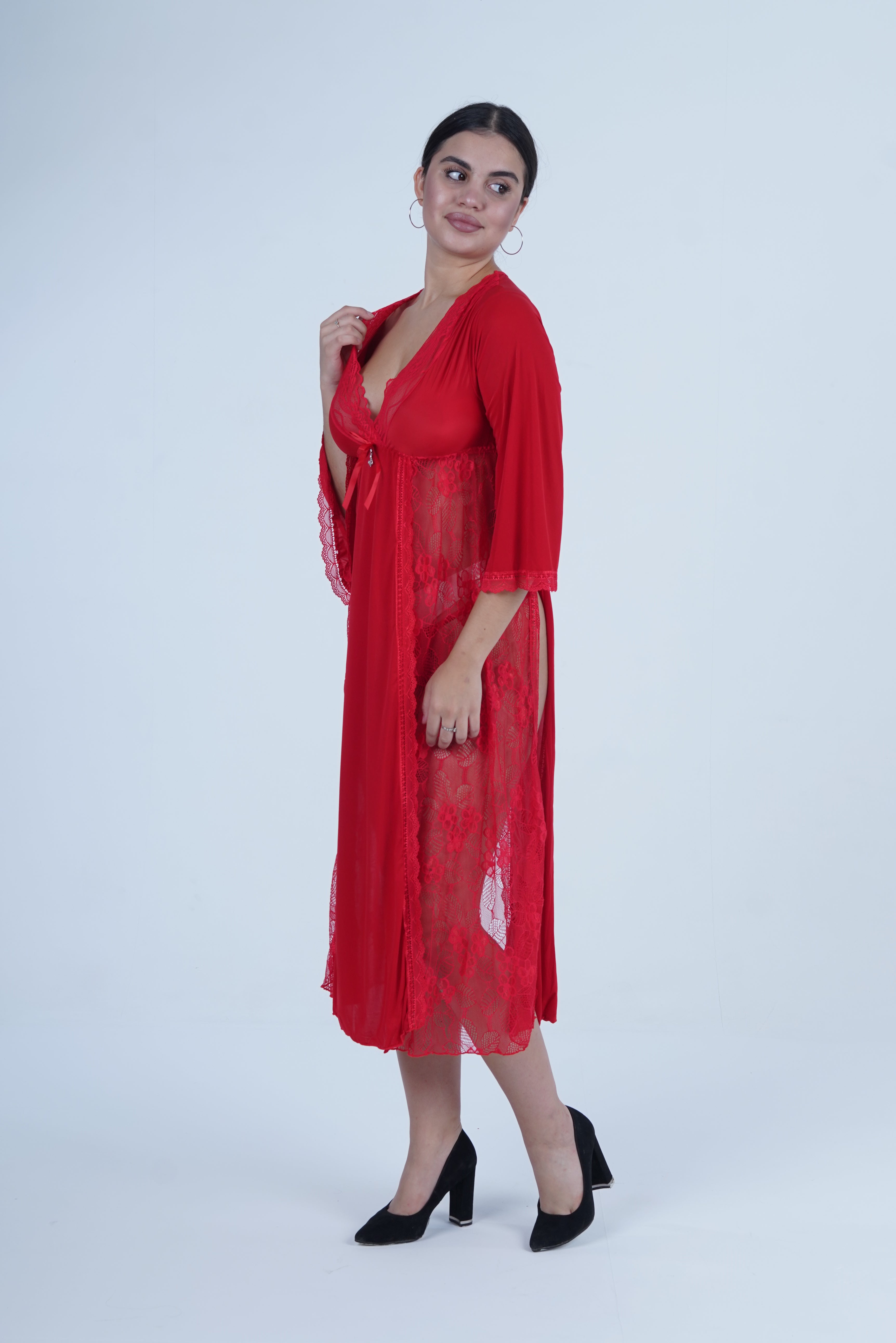 AXTZH Romantic Nightwear Set for Women with Sheer Longline Robe and Lace Accents X3493-RED-F2M