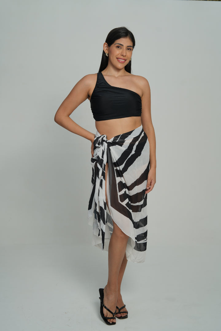 AXTZH 3-Piece One-Shoulder Swimwear Set with Sarong SWIM WAER X1009-BLACK-3PB